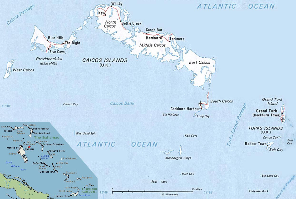 Large detailed political map of Turks and Caicos Islands with roads and