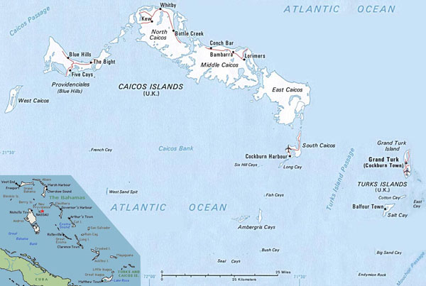 Large detailed political map of Turks and Caicos Islands with roads and airports.