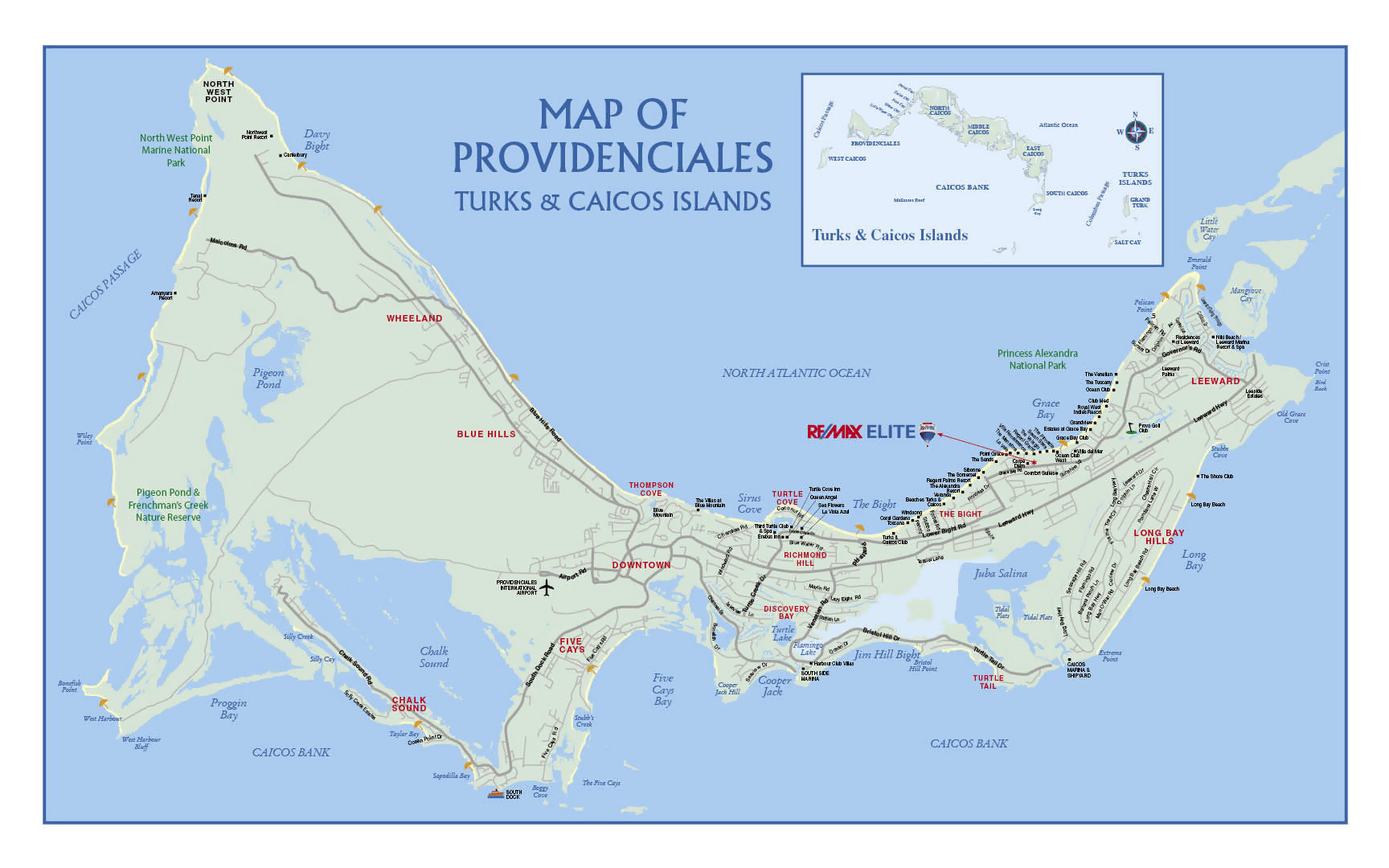 Large detailed road map of Providenciales Island, Turks and Caicos