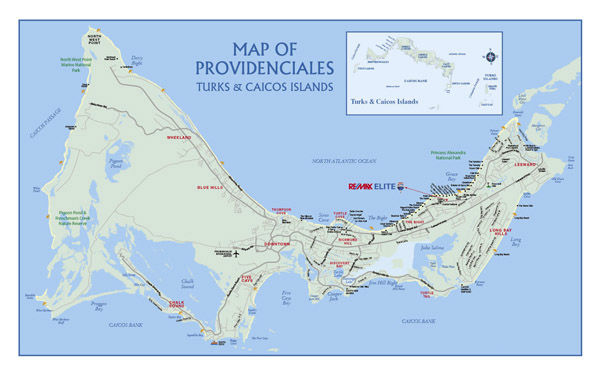 Large detailed road map of Providenciales Island, Turks and Caicos Islands.