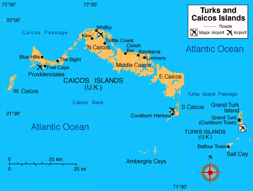 Map of Turks and Caicos Islands with cities and airports.