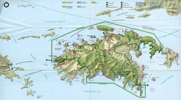 Large detailed relief and road map of St. John Island.