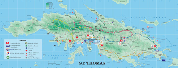 Large detailed road and tourist map of St. Thomas U.S. Virgin Islands.