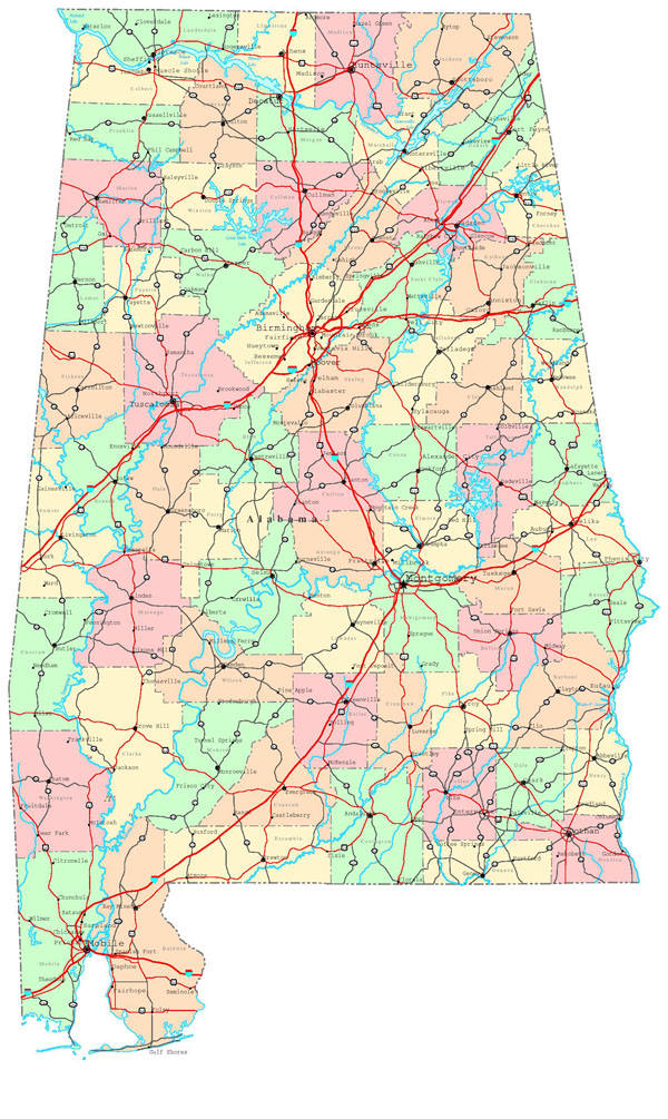 Detailed administrative map of Alabama state.