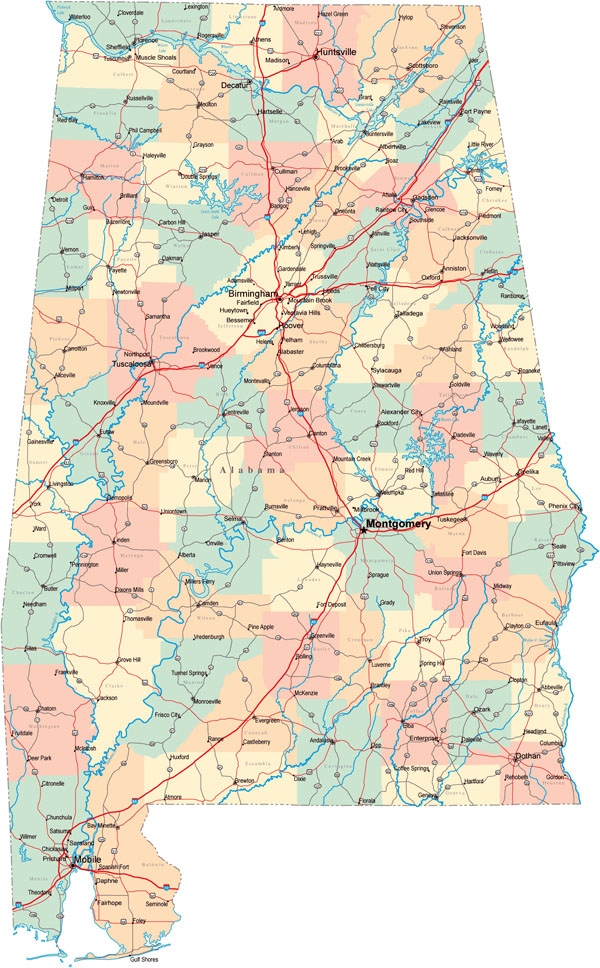 Detailed administrative map of Alabama state with roads and cities.