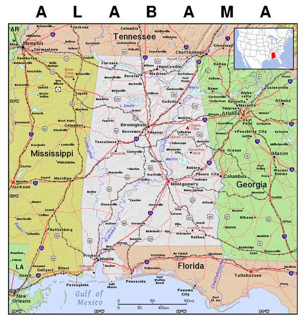 Detailed map of Alabama state. Alabama state detailed map.