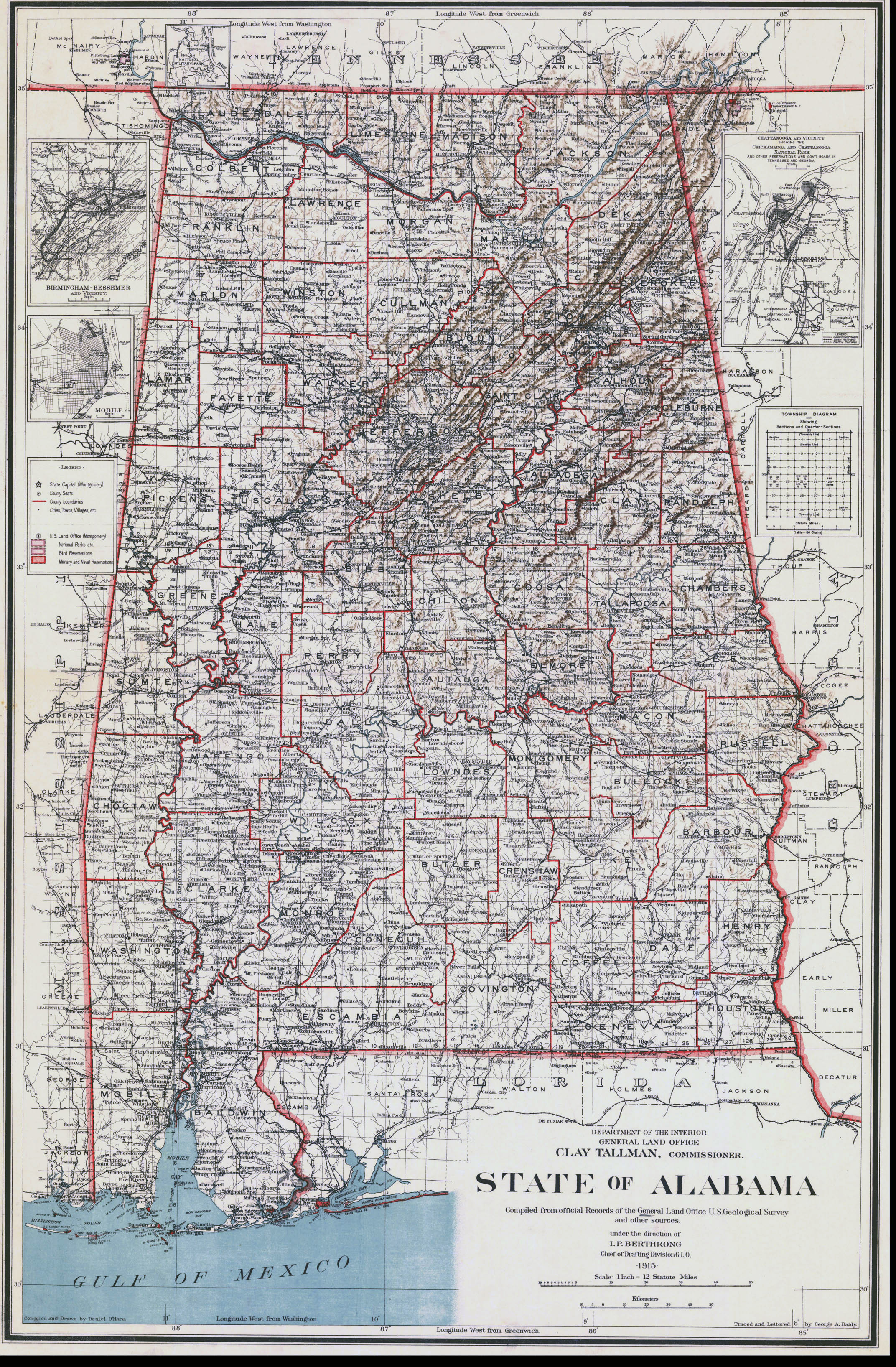 Detailed old administrative map of Alabama state – 1915 | Vidiani.com