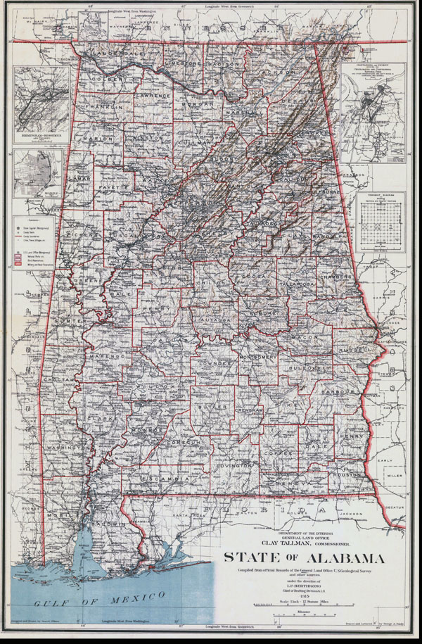 Detailed old administrative map of Alabama state - 1915.