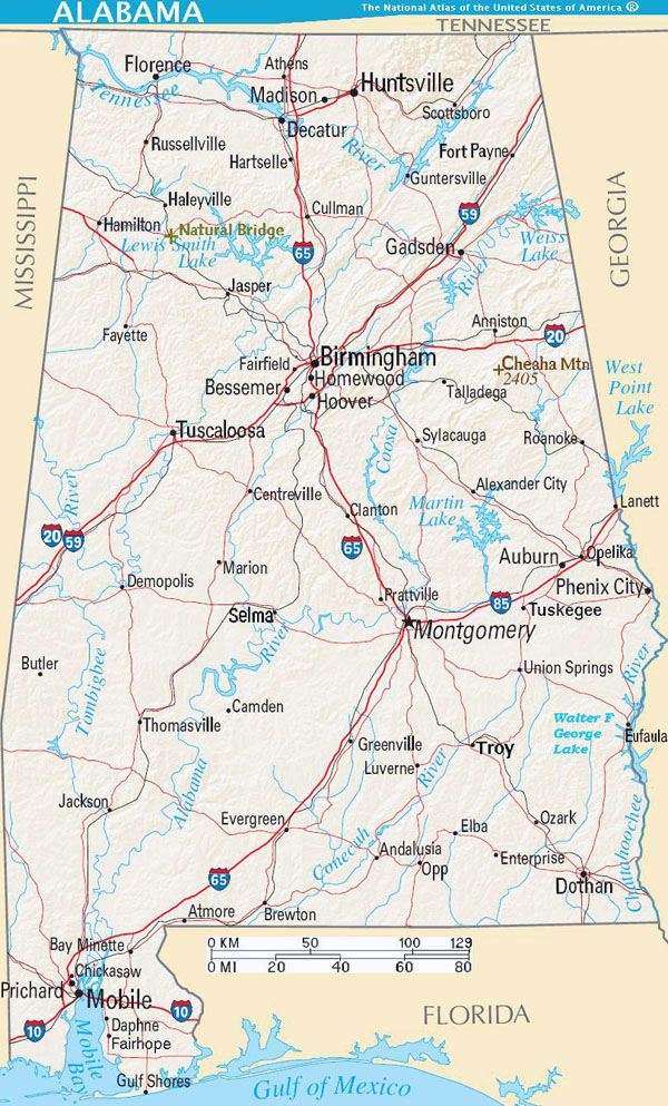 Detailed road map of Alabama state with relief and cities.