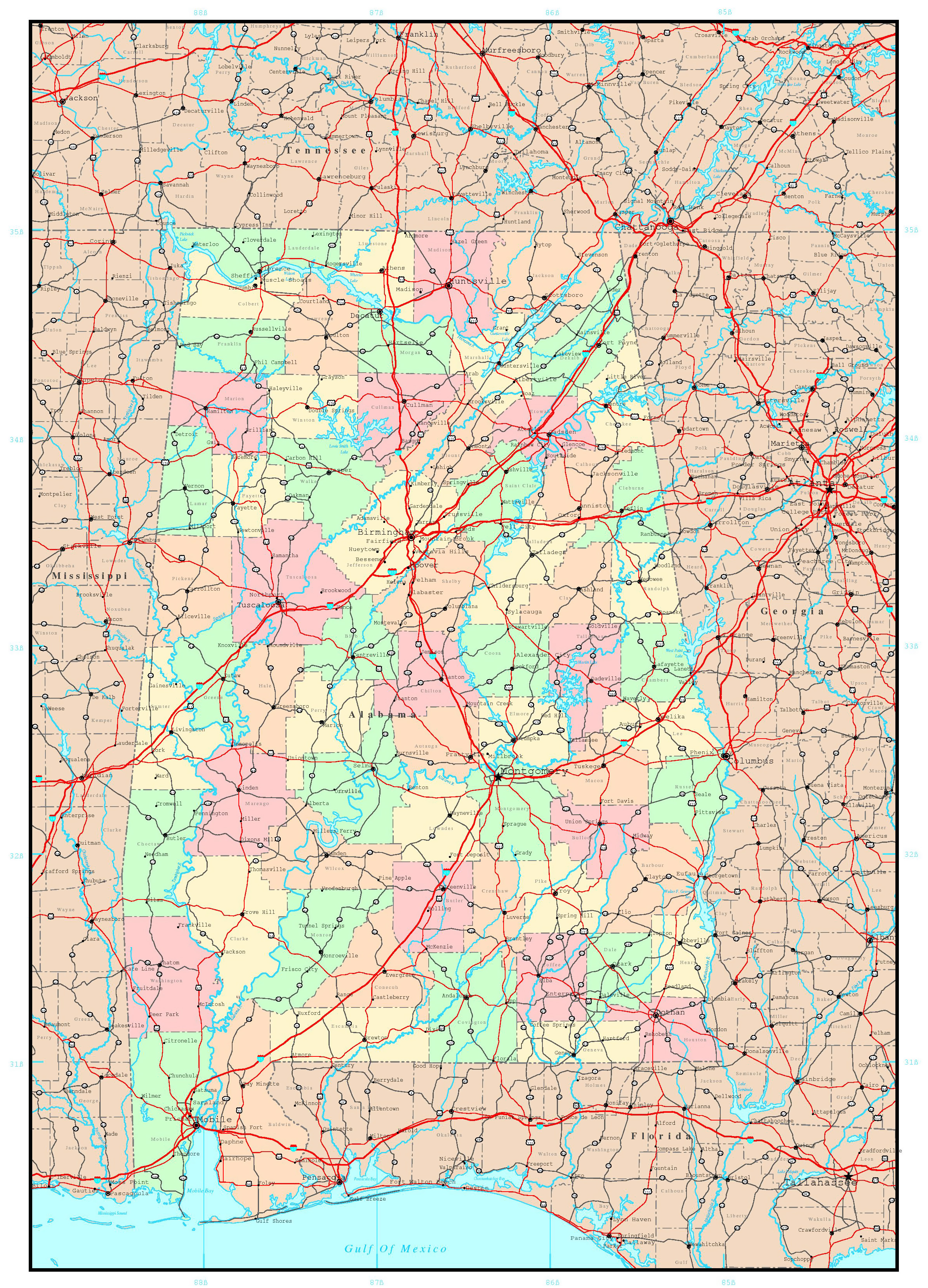 Large administrative map of Alabama state with roads and cities  