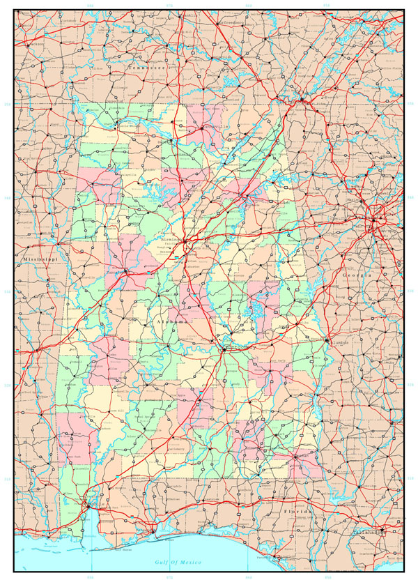 Large administrative map of Alabama state with roads and cities.