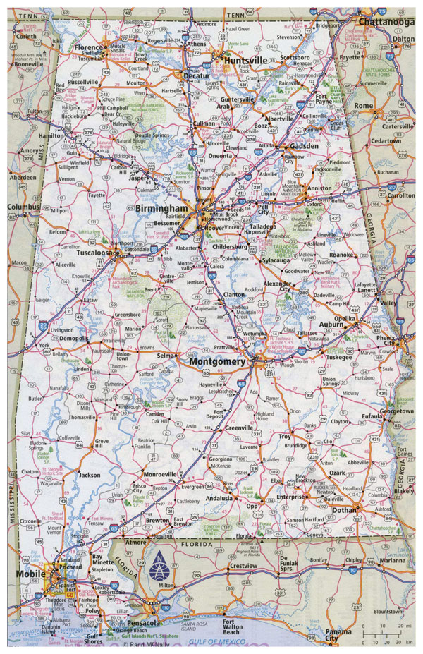 Large detailed road map of Alabama with all cities.