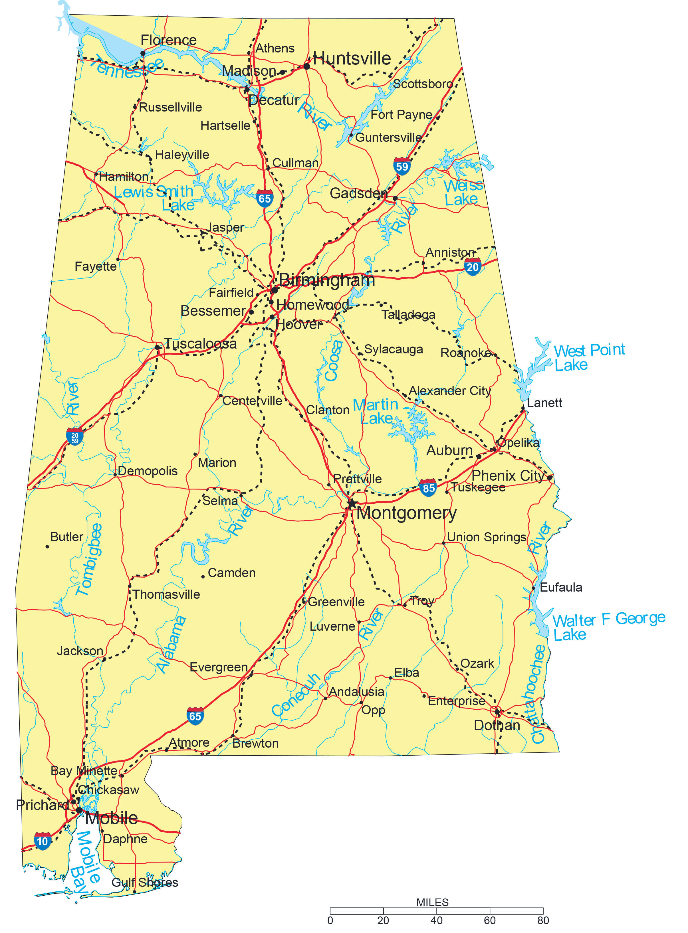 Large Detailed Road Map Of Alabama With Cities Vidiani Maps Of