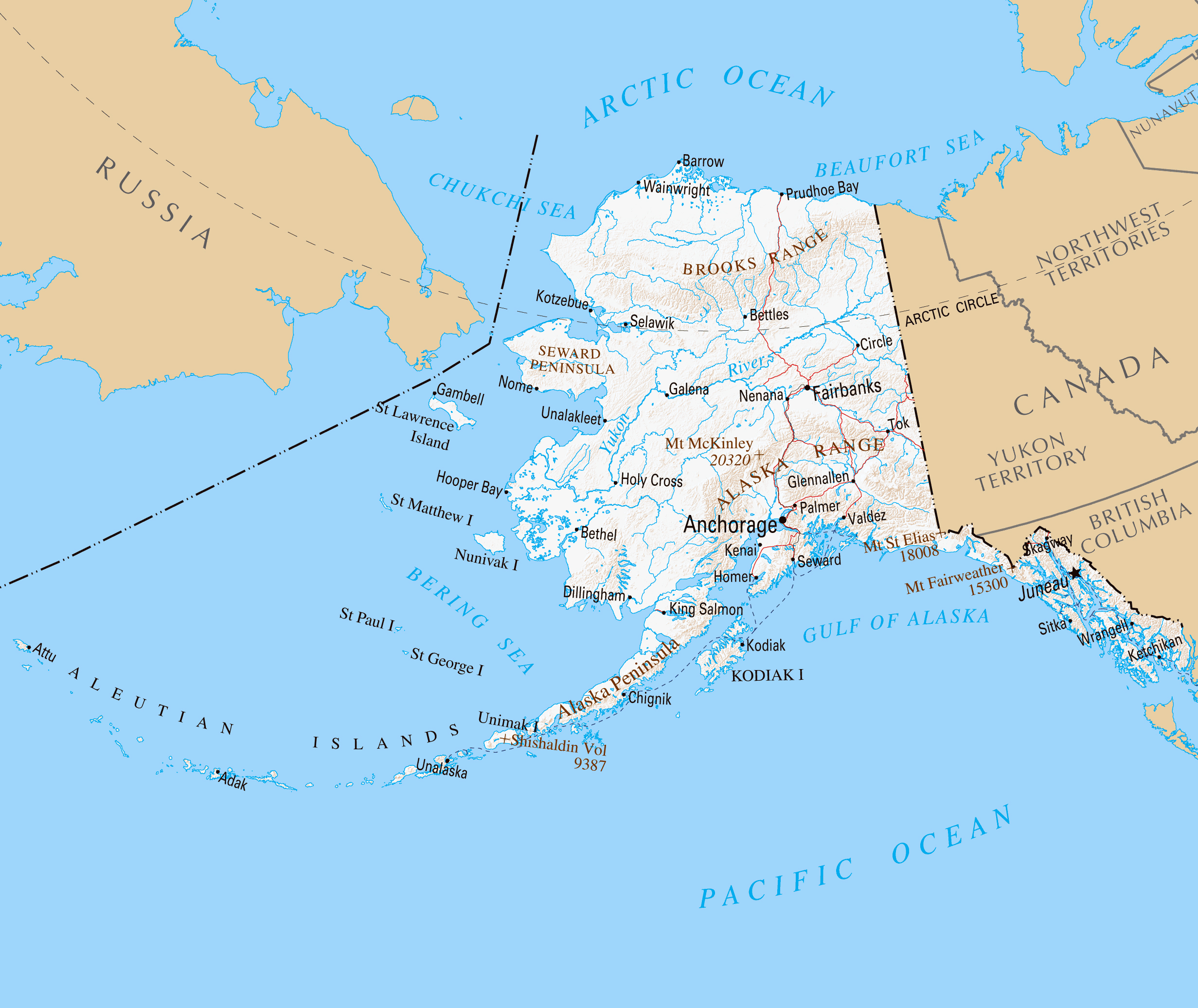 Detailed map of Alaska with relief and cities. Alaska detailed map with