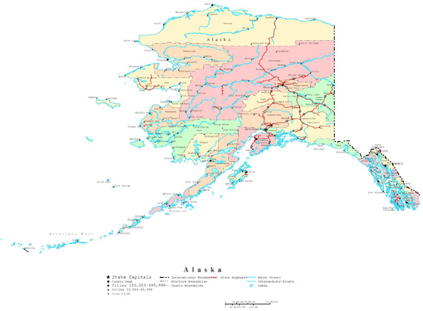 Large administrative map of Alaska state with roads and cities.