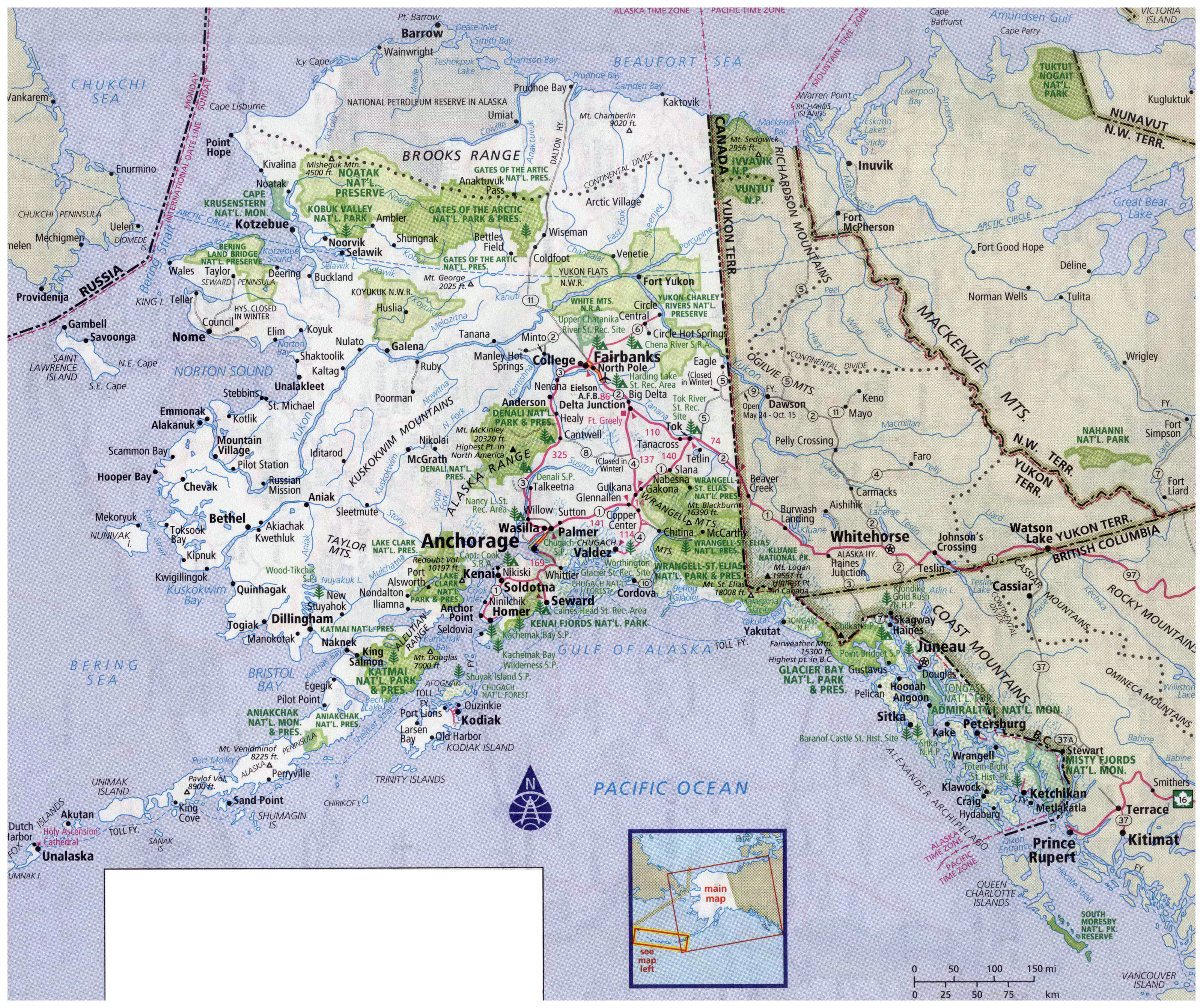 Large detailed road map of Alaska with all cities and national parks