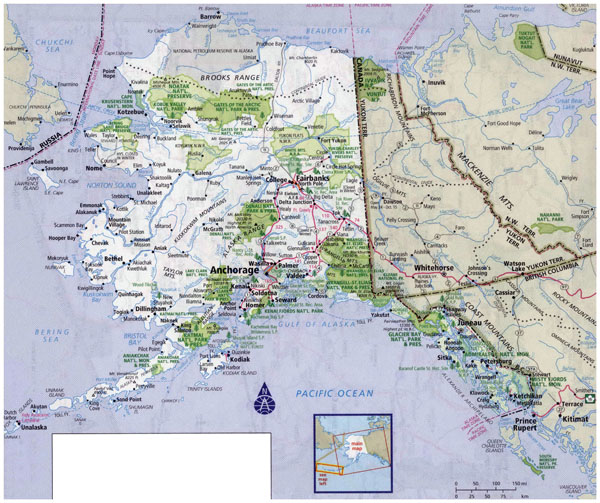 Large detailed road map of Alaska with all cities and national parks.