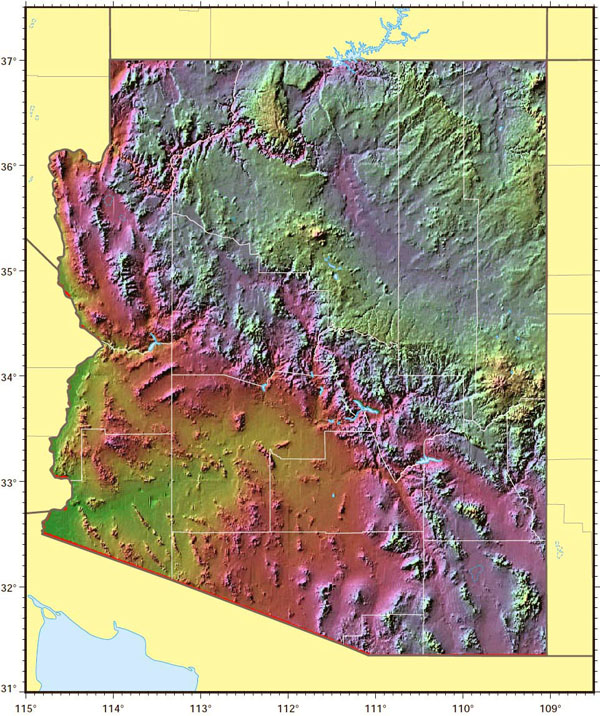 Arizona state relief map. Relief map of Arizona state.