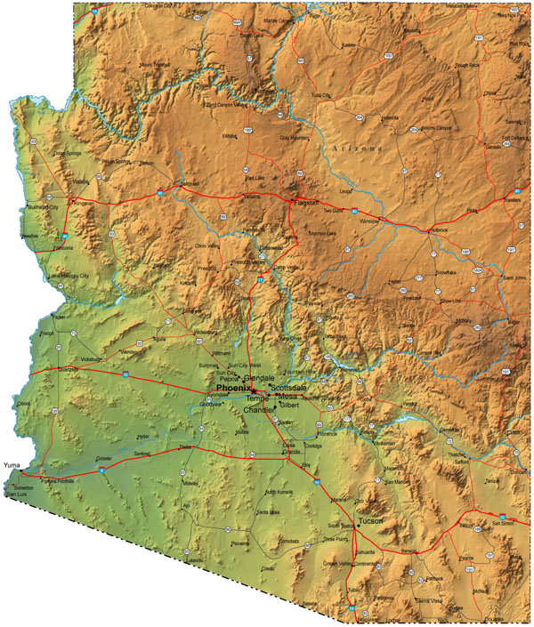 Detailed elevation map of Arizona with cities.