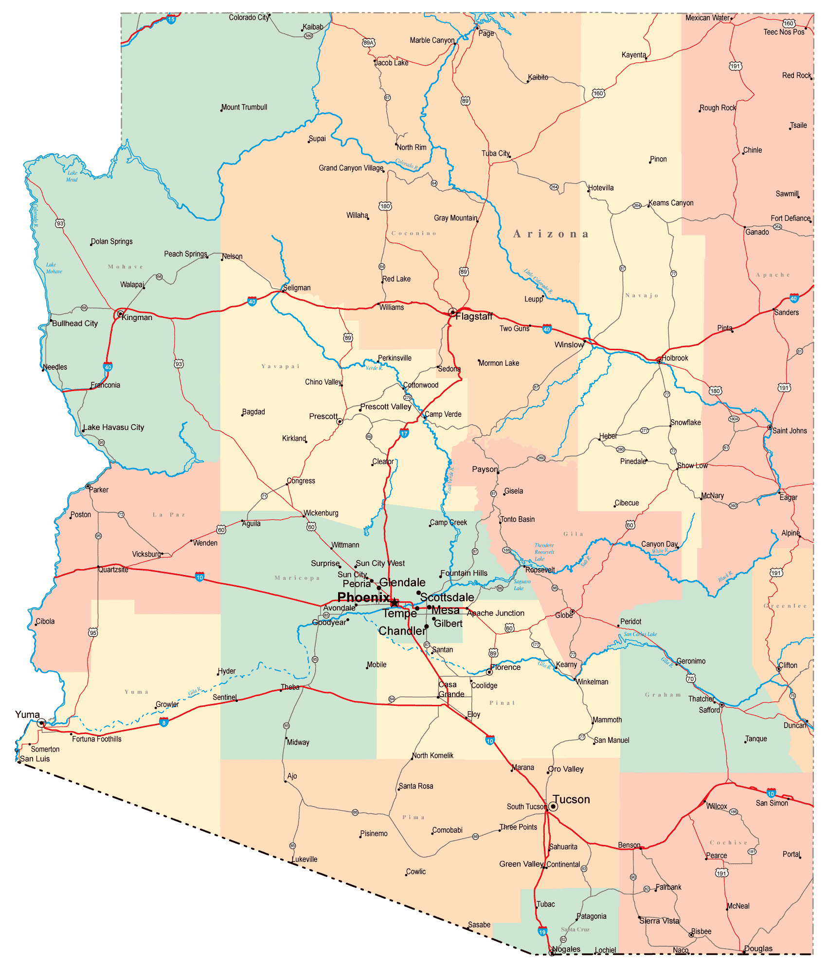 Detailed Road Map Of Arizona With Cities 