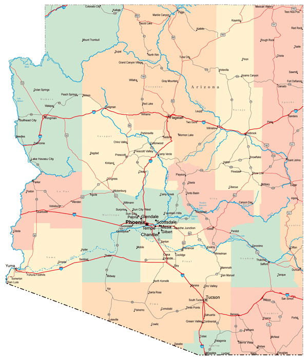 Detailed road map of Arizona with cities.