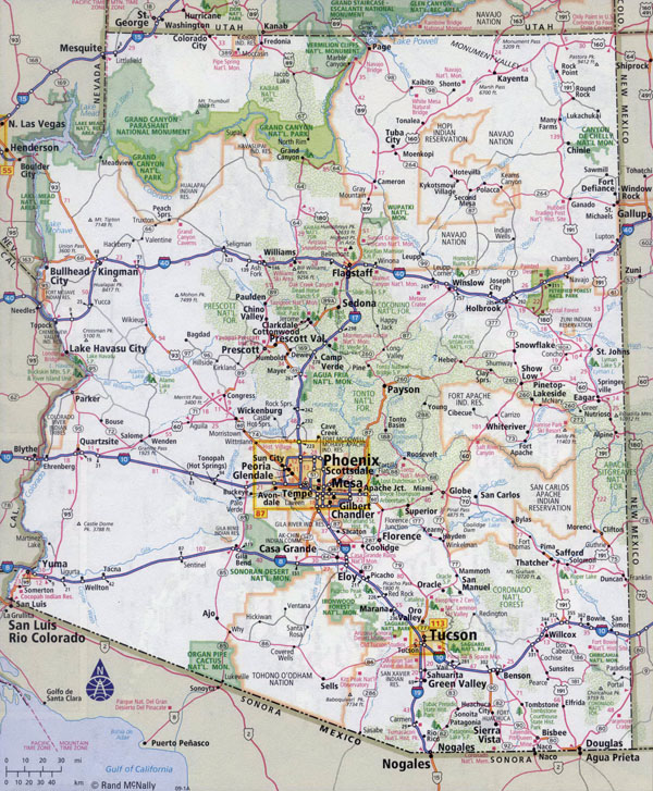 Large detailed road map of Arizona state with all cities.