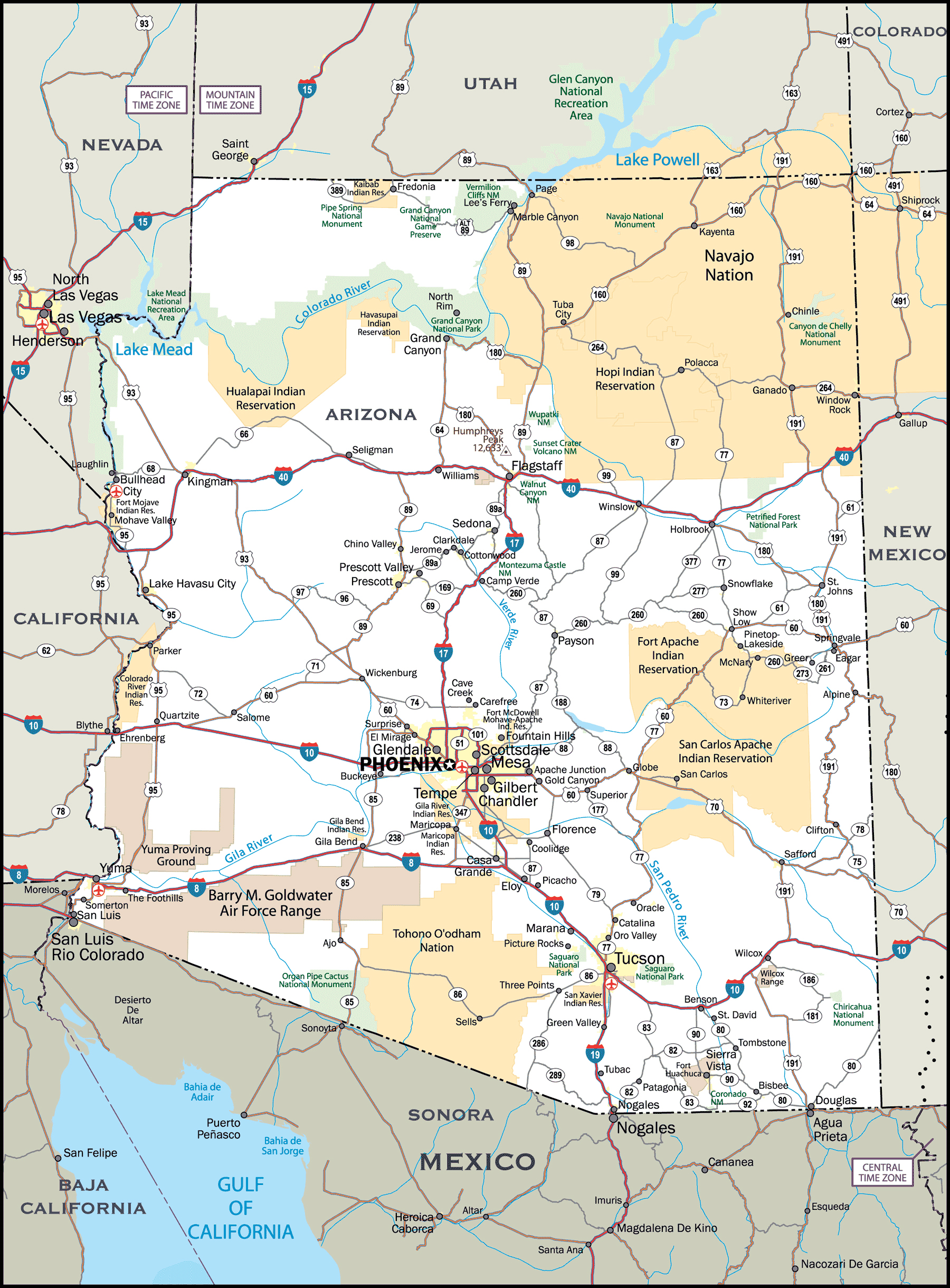 Large Detailed Roads And Highways Map Of Arizona State With All Cities Vidiani Com Maps Of All Countries In One Place