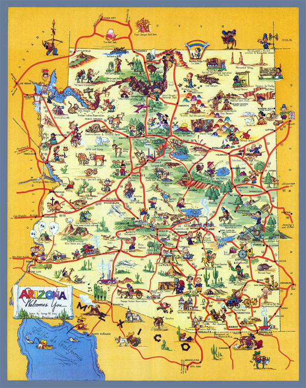 Large detailed tourist illustrated map of Arizona state.