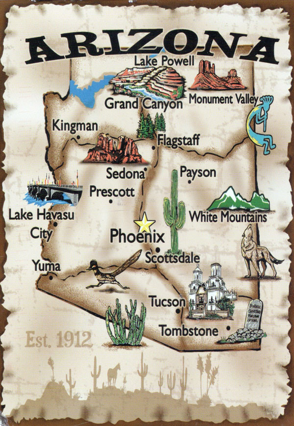 Travel illustrated map of Arizona. Arizona travel illustrated map.