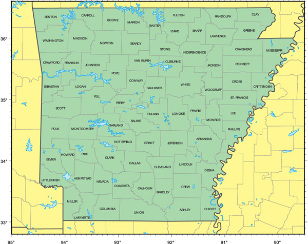 Administrative map of Arkansas state.