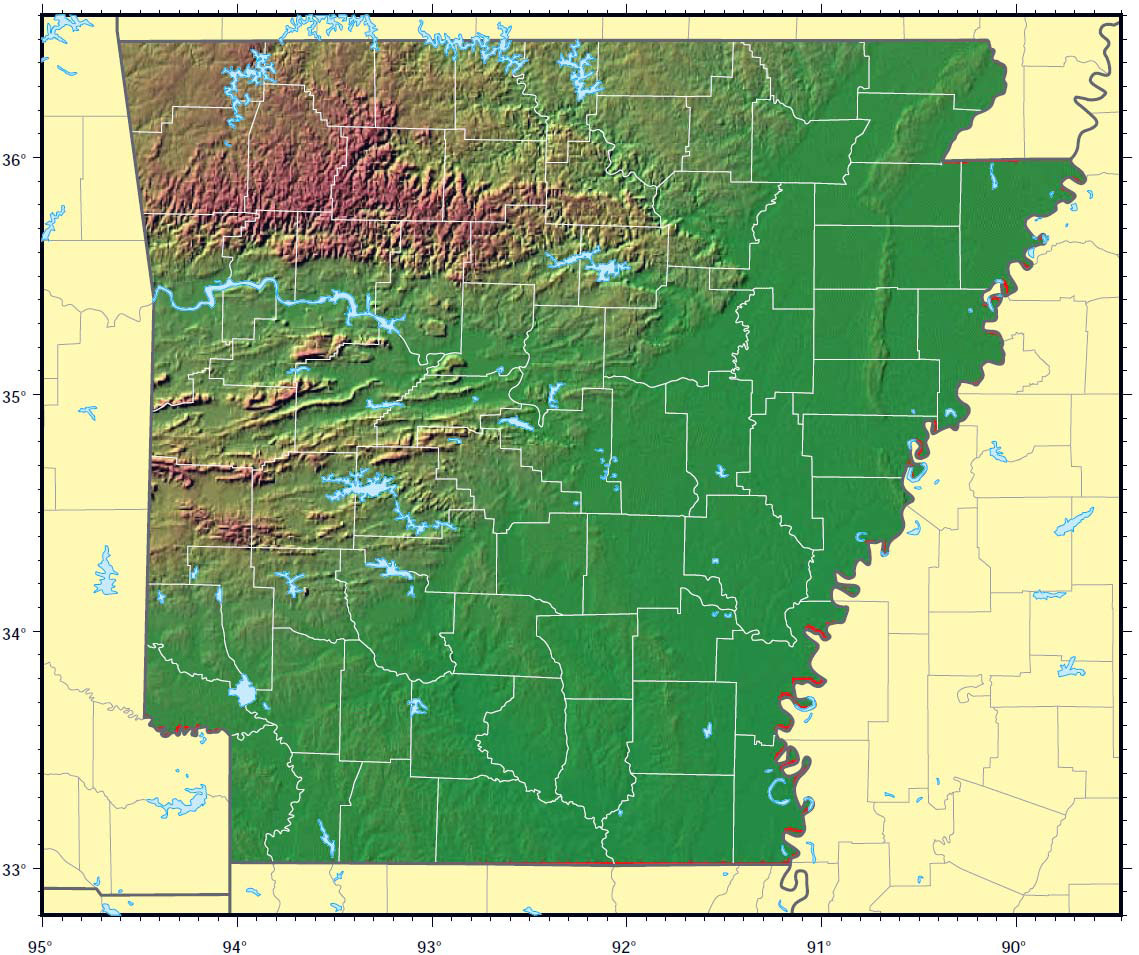 Arkansas state relief map. Relief map of Arkansas state
