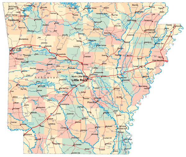 Detailed administrative and road map of Arkansas with cities.