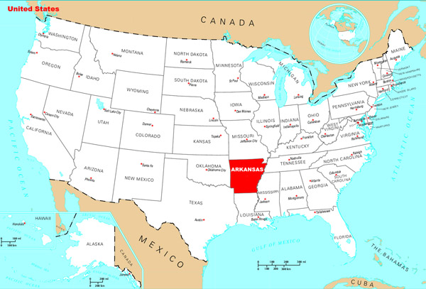 Detailed location map of Arkansas state.