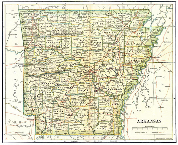 Detailed old administrative map of Arkansas state - 1892.