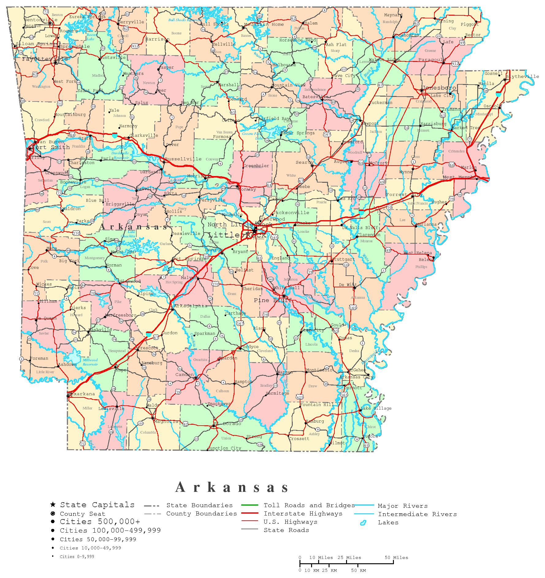 Large Administrative And Road Map Of Arkansas State With Cities