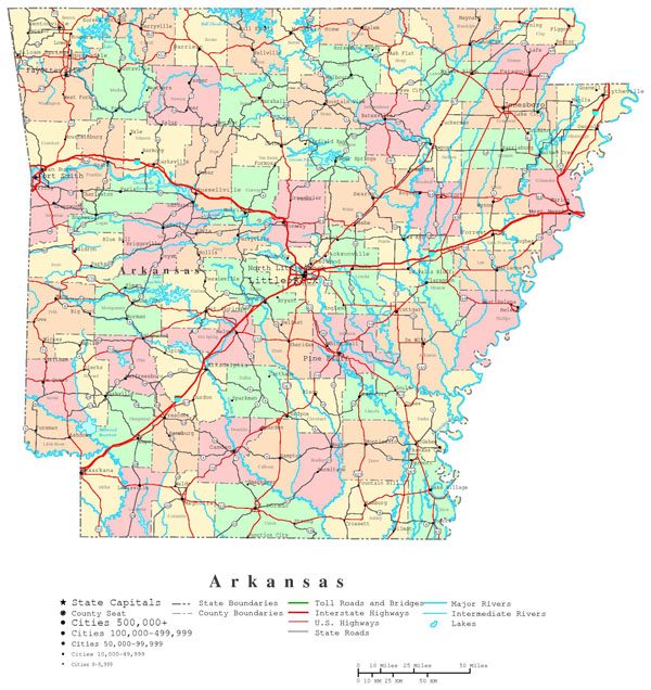 Large administrative and road map of Arkansas state with cities.