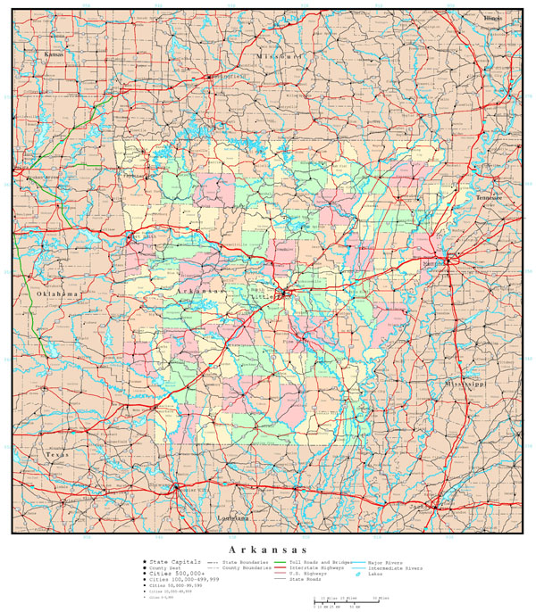 Large detailed administrative map of Arkansas state with all roads and cities.