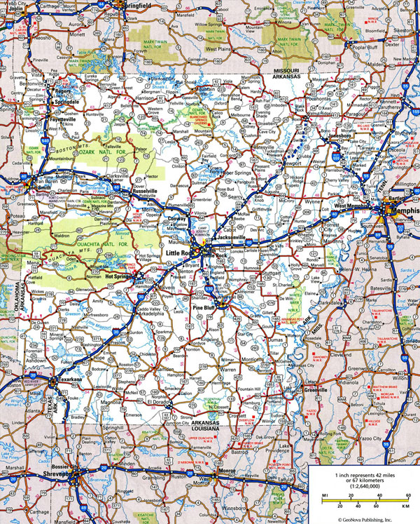 Large detailed roads and highways map of Arkansas state with all cities and national parks.