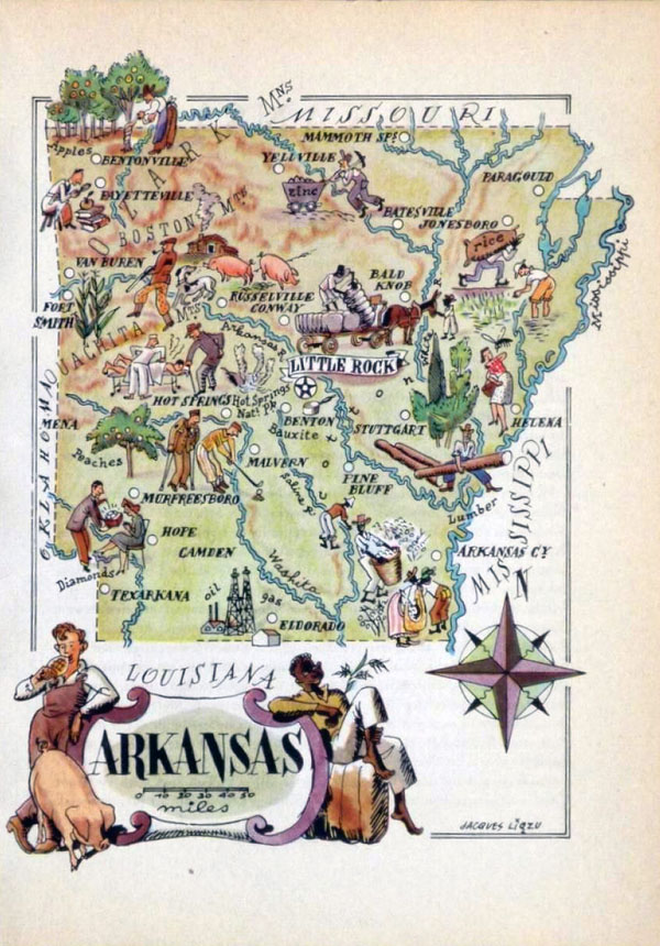 Old illustrated travel map of Arkansas state - 1946.
