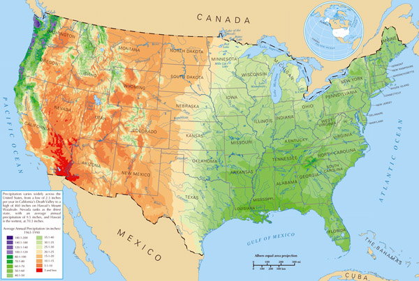 Average precipitation map of the USA.