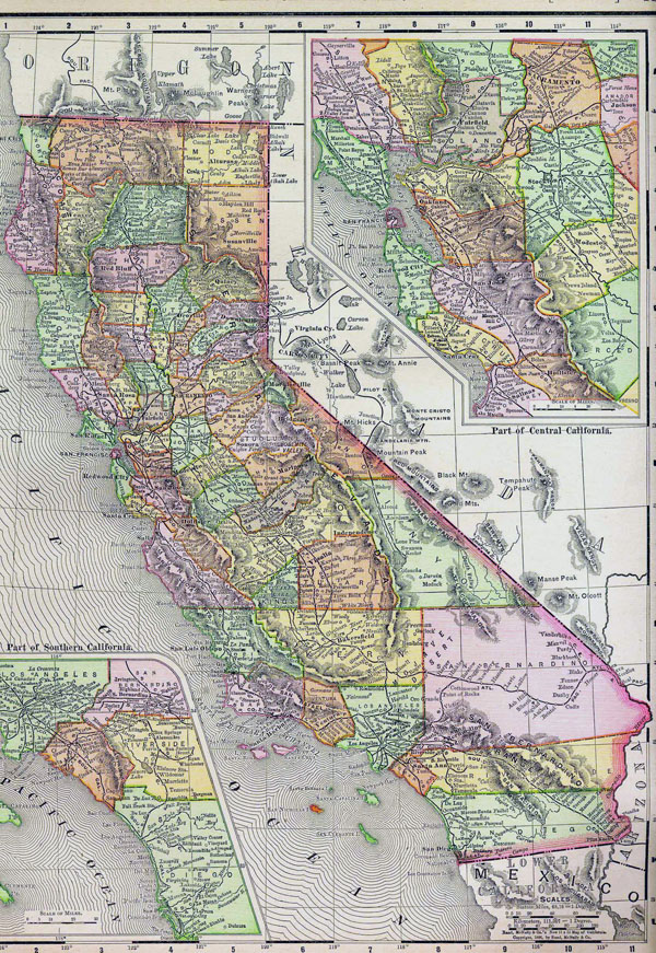 Detaled old administrative map of California state - 1895.