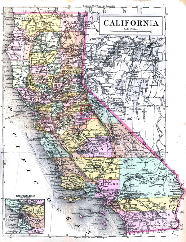 Detaled old administrative map of California state - 1896.