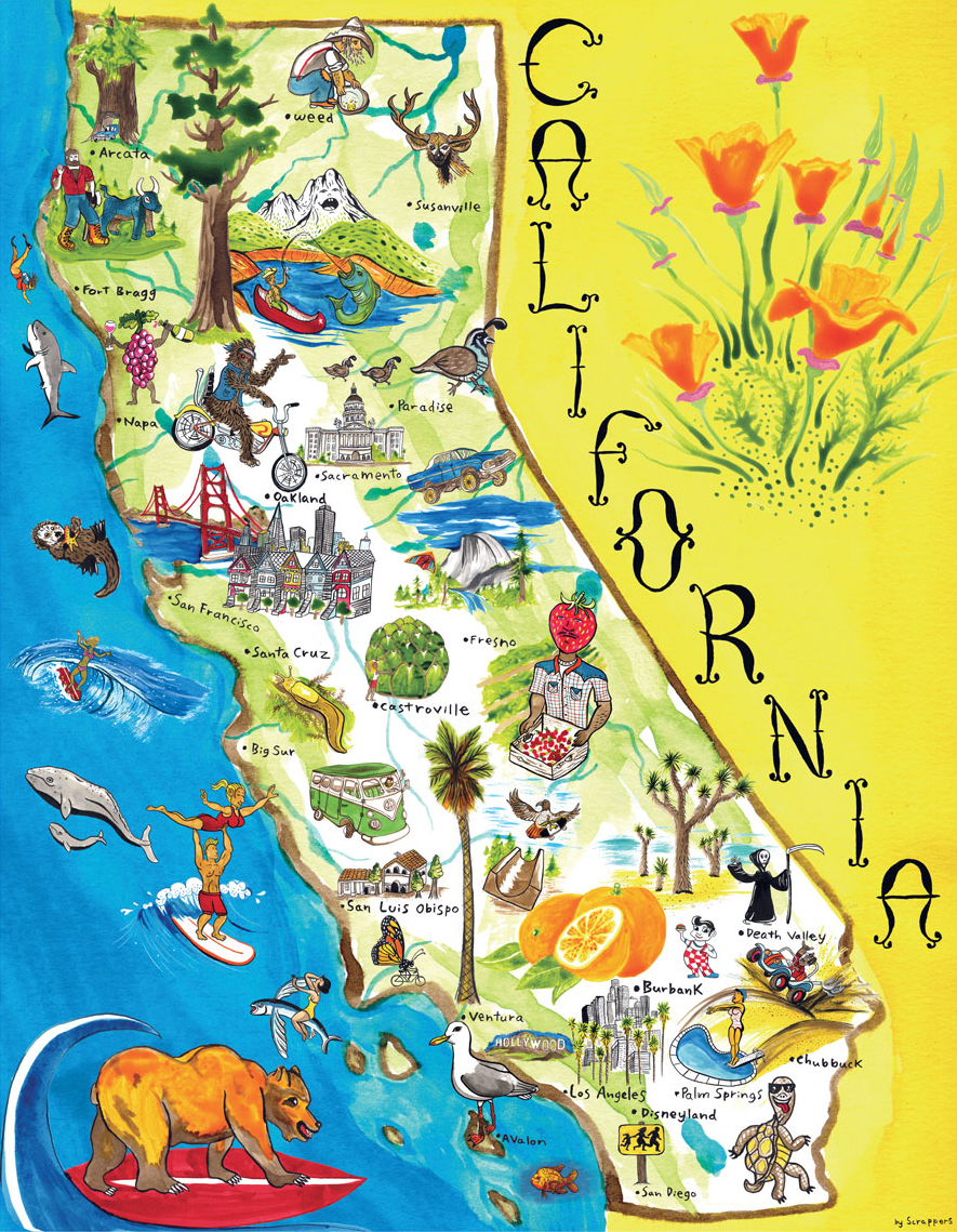 Illustrated tourist map of California. California illustrated tourist