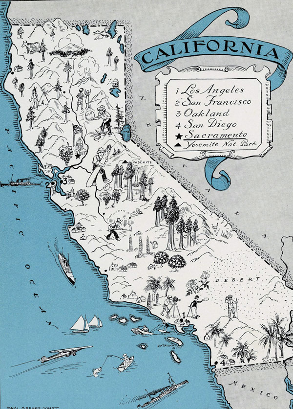 Illustrated tourist map of California state.