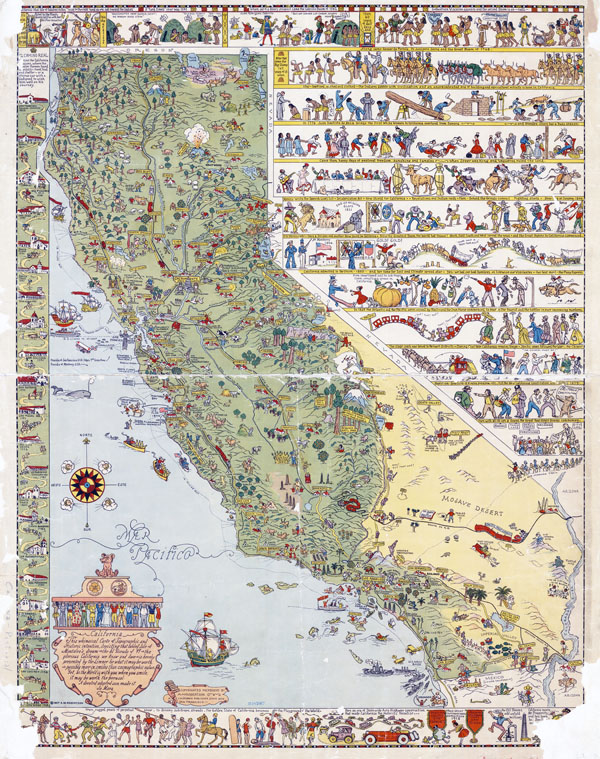 Large detailed old illustrated tourist map of California state.