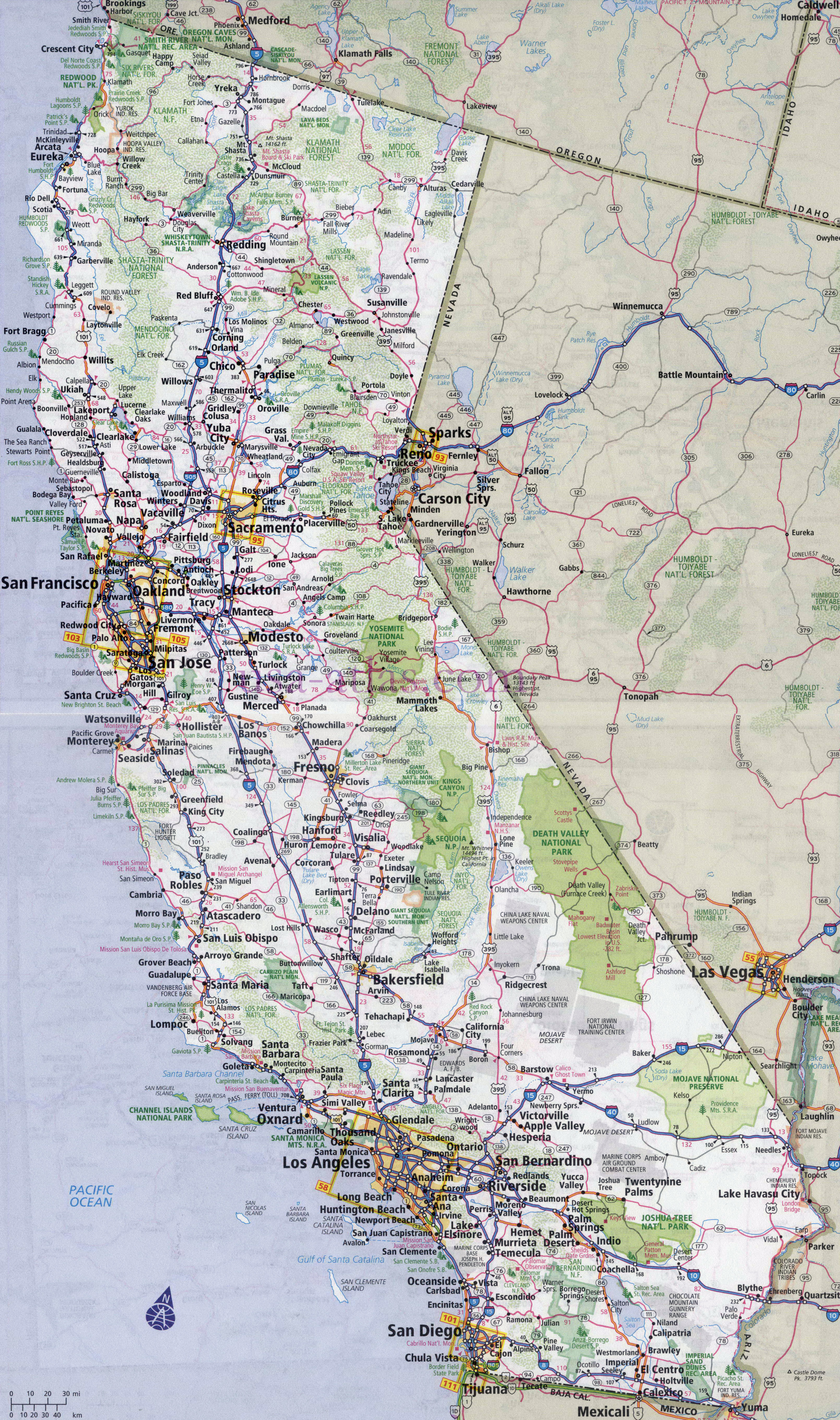 Large detailed road and highways map of California state with all