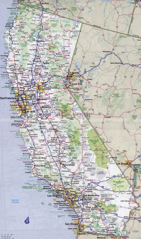 Large detailed road and highways map of California state with all cities.