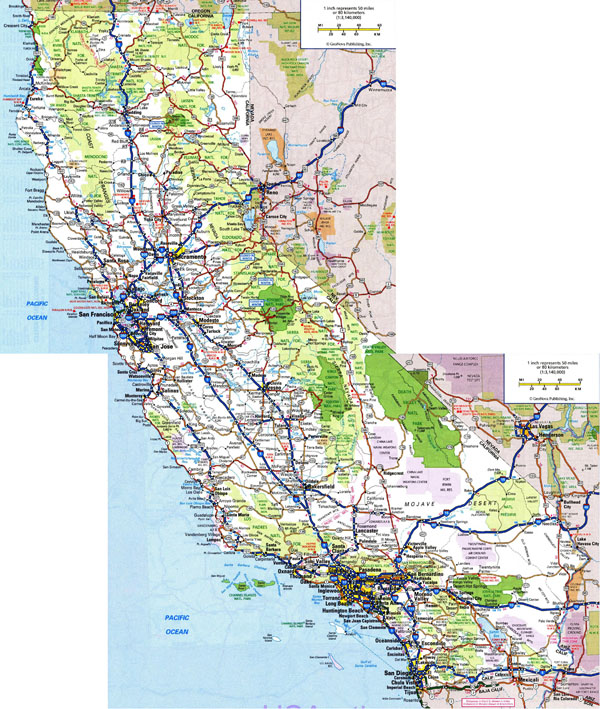 Large detailed road and highways map of California state with all cities and national parks.