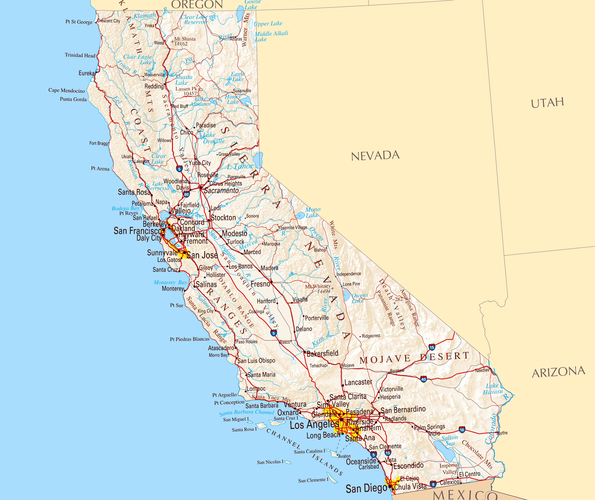 Large road map of California sate with relief and cities | Vidiani.com