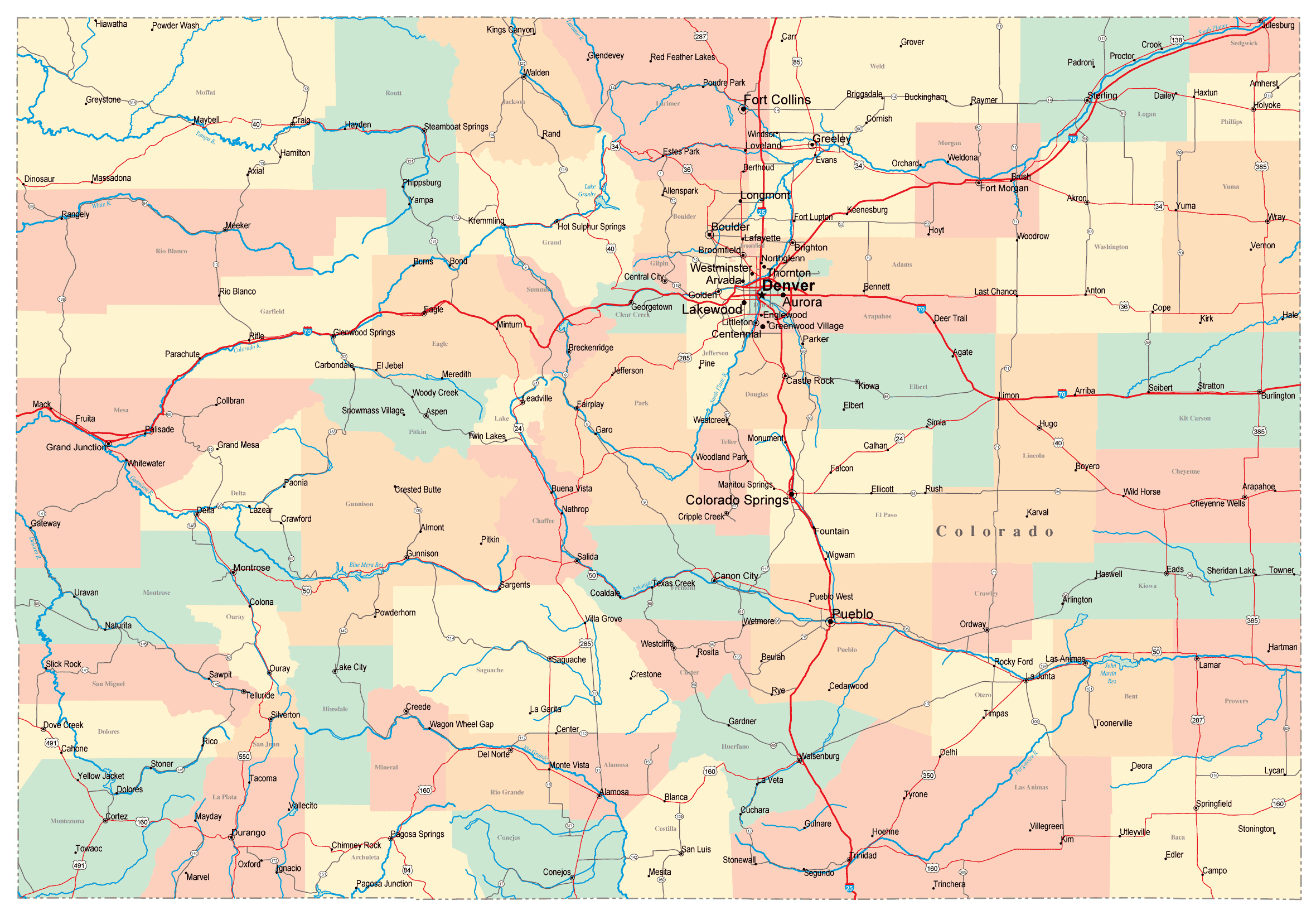Detailed Administrative Map Of Colorado State With Roads And